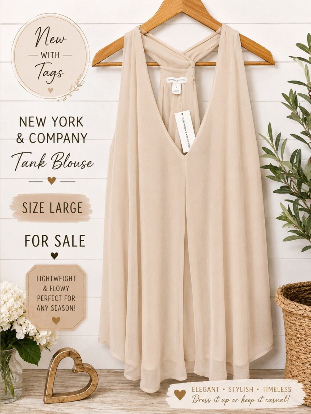New York & Company Beige Flowing V-Neck Tank Blouse